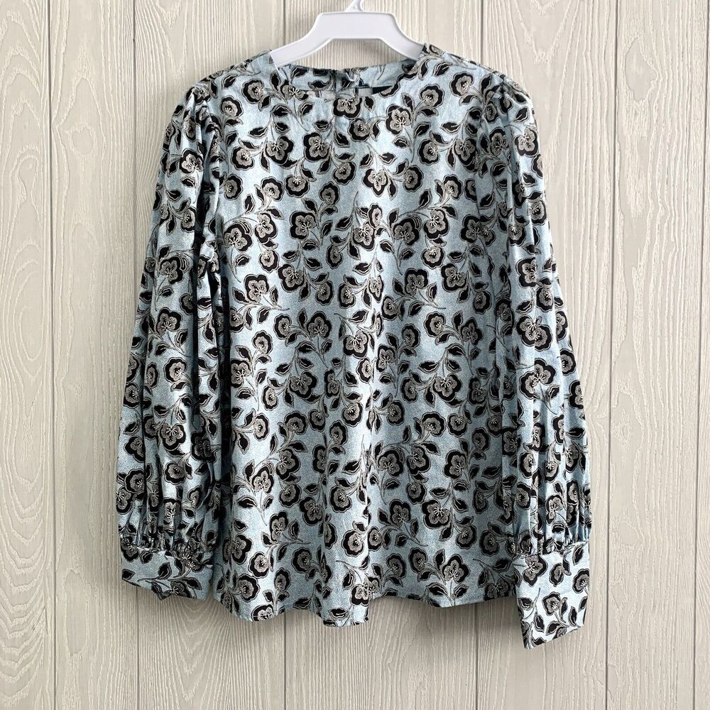 Who What Wear Blue Black Floral Puff Sleeve Top Small